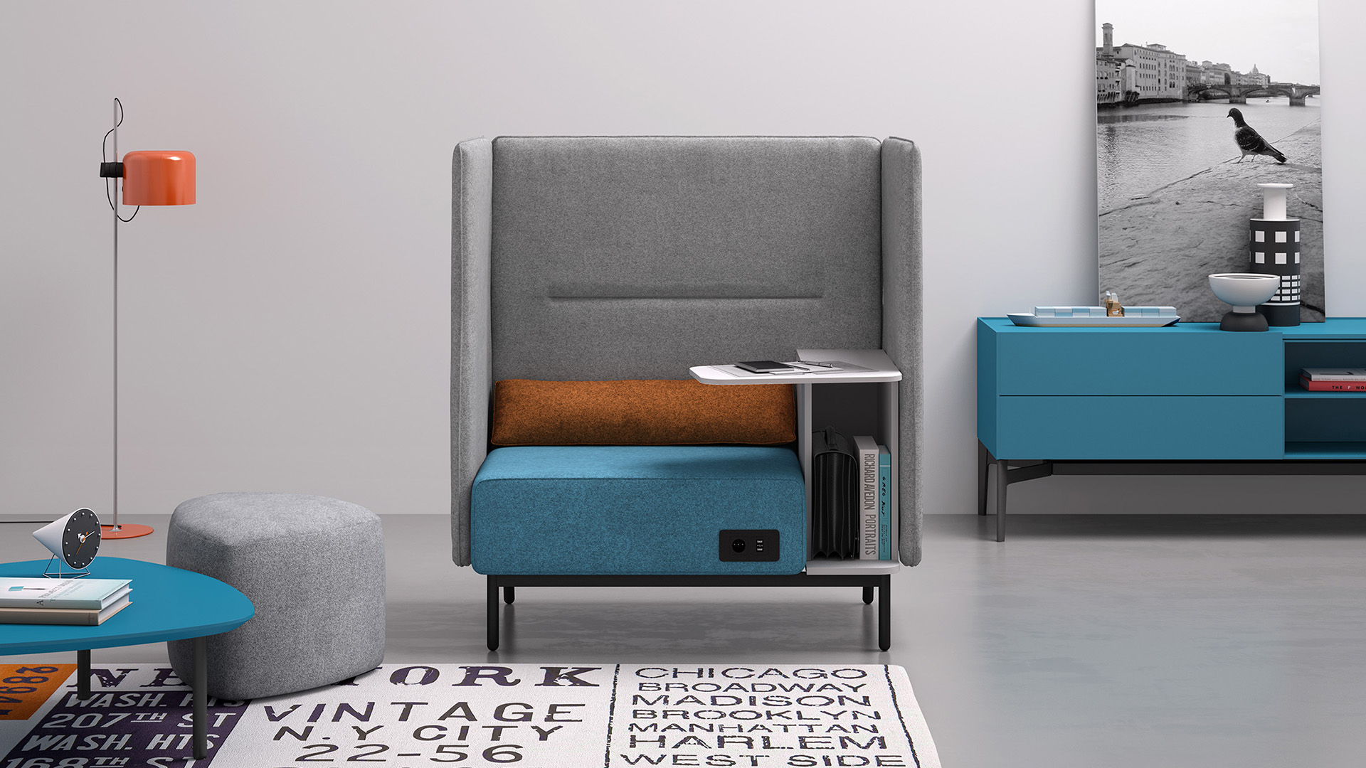 Alcova sofa y pod workstation con respaldo alto y mesa Around-box